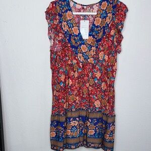 Fashion Floral Midi Dress -‎ Red and Blue